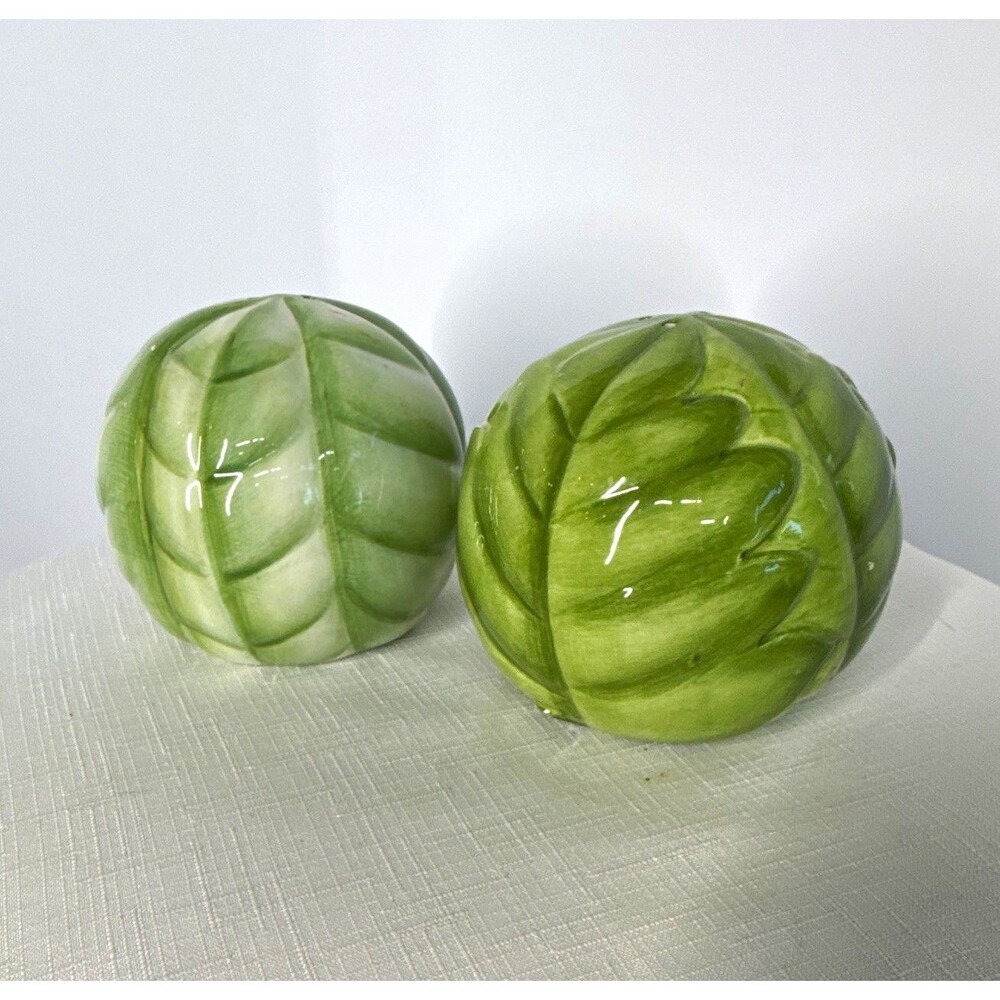 Ceramic Cabbage Salt & Pepper Shakers Set of 2 Green/White Glossy Botanical